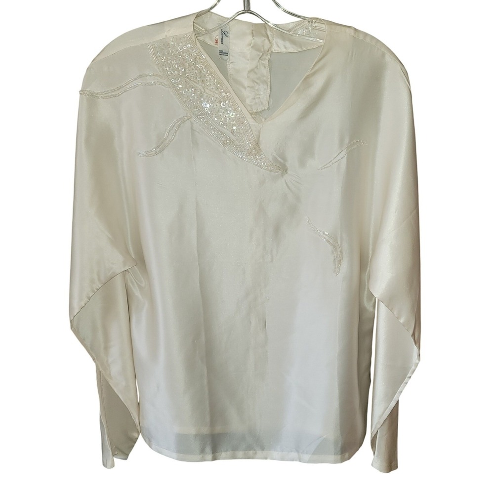 VTG Lamexi Silk Women's Hand Embroidered Secretary‎ Blouse Quiet Luxury Sz S/34